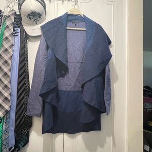 Eileen Fisher Blue Color Block Cascading Open Front Cardigan 100% Merino Wool